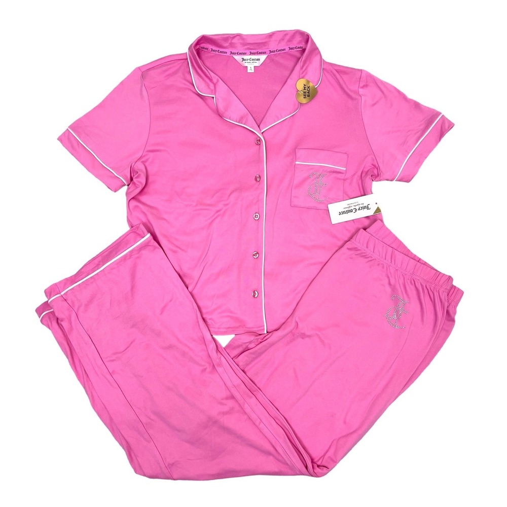 Juicy Couture pink core Y2K wide leg sparkle beads pajama shirt pants set size L